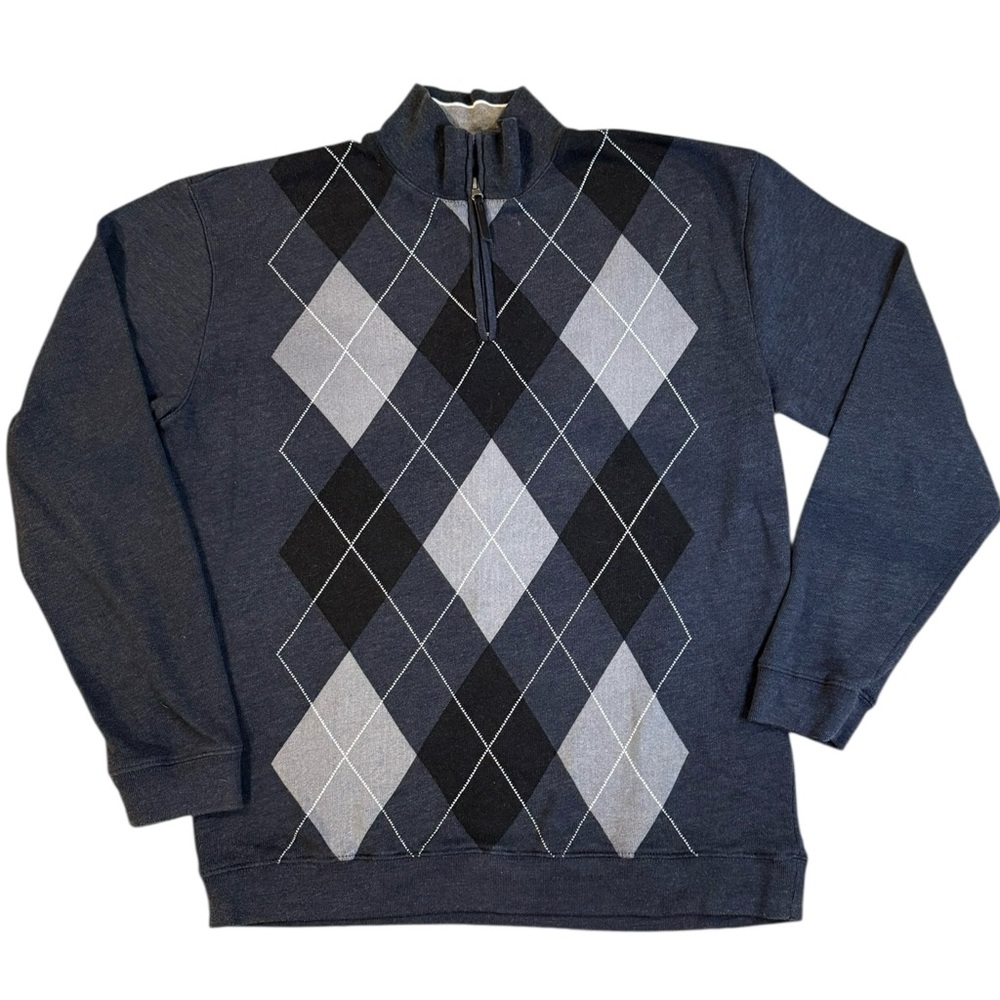 Men's Quarter Zip-Up Argyle Sweater - Navy and Gray XXL